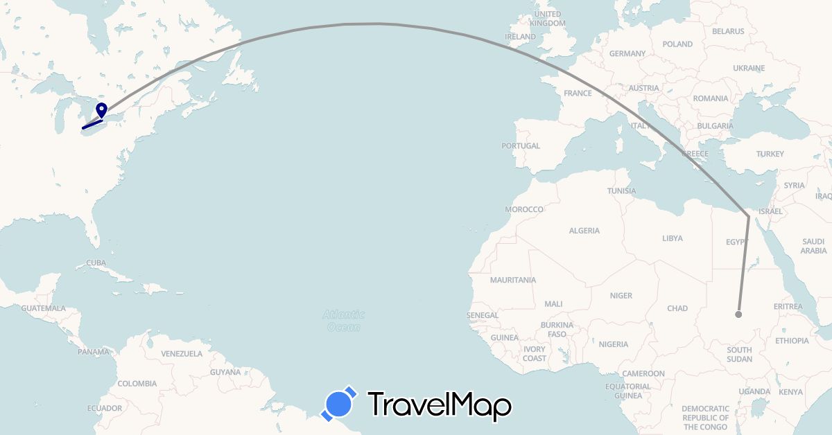 TravelMap itinerary: driving, plane in Canada, Egypt, Sudan (Africa, North America)